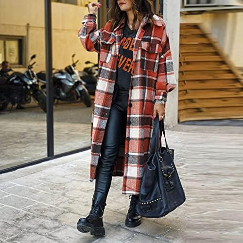 RMXEı Kadın Moda Dış Giyim Ekose Baskı Uzun Kollu Yaka Uzun Ceket Trençkot