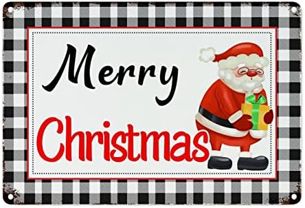 Metal İşareti Siyah ve Beyaz Ekose Çekler Metal İşareti Duvar Sanatı Merry Christmas Noel Baba İşareti Noel Dekor