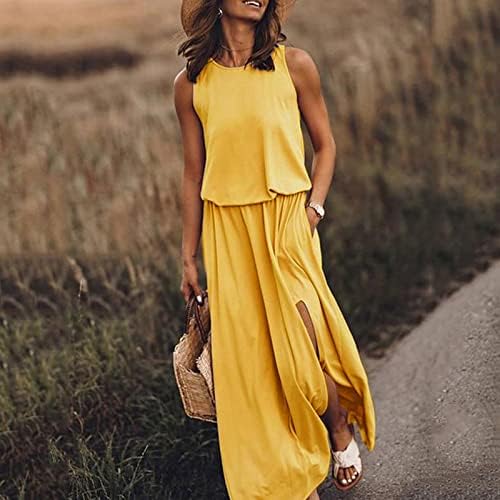 ZEFOTİM Yaz Elbiseler Kadınlar için 2023 Kolsuz O Boyun Tek Parça Gevşek Fit Casual Zarif Plaj Güneş Maxi Yarık Elbise