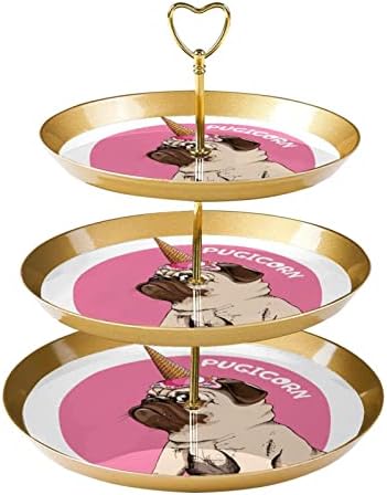 Lyetny 3 Katmanlı Tatlı Kek Standı Altın Cupcake Pasta Standı Çay Partisi, Düğün ve Doğum Günü, Pugicorn Unicorn
