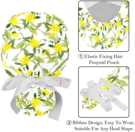2 Paket Çalışma Kapaklar Düğmesi ve Ter Bandı, Sarı Çiçek Desen Ayarlanabilir Kabarık Fırçalama Şapka At Kuyruğu