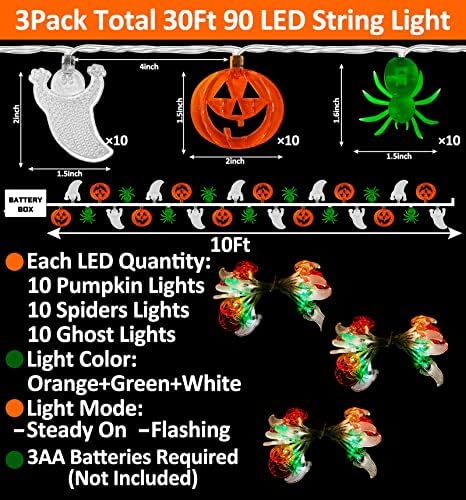 TURNMEON 3 paketi cadılar bayramı ışıkları 30Ft 90 LED cadılar bayramı süslemeleri kapalı açık kabak hayalet örümcek
