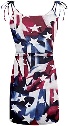 4th Temmuz Elbise Kadınlar için Yaz Amerikan Bayrağı Tankı Elbise Cepler ile Elastik Bel Strappy V Boyun Mini Sundress