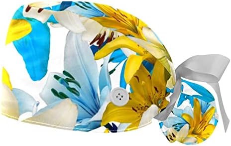Düğmeler ve Ter Bandı ile canlı Mavi Sarı Çiçek Kadınlar Çalışma Kapakları, Elastik Bandaj Kravat Geri