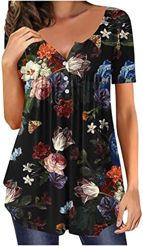 Rahat Çiçek Henley Gömlek Kadınlar için Gizlemek Göbek Tunik Üstleri 2023 Yaz Kısa Kollu Bluzlar Tayt ile Giymek
