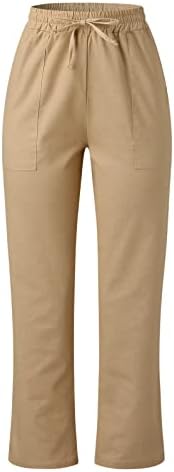 Pamuk Keten Pantolon Kadınlar için Rahat yazlık pantolonlar Cepler ile Baggy İpli Katı Elastik Yüksek Belli Rahat