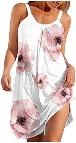 Günlük Elbiseler, Midi Elbiseler Kadınlar için Moda O-Boyun Kolsuz Sevimli Çiçek Baskı Hem Gevşek Plaj Elbise